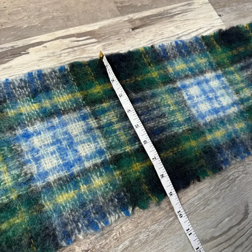 Foxford Green Blue Plaid Mohair Wool Scarf Fringe Cozy Winter